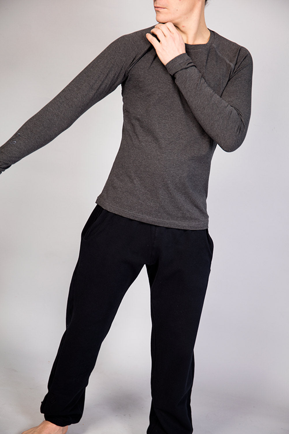 Breath of Fire Bencha Men's Long-Sleeve T-shirt — Grey — side view, tailored seams and subtle waistline