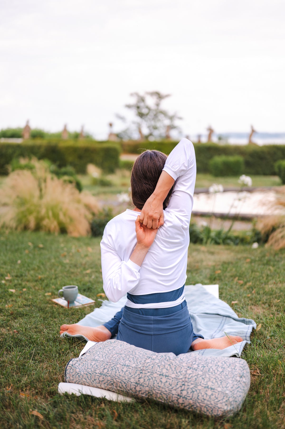 Breath of Fire Talya wrap shirt — White — back view longline drape organic cotton sustainable yoga