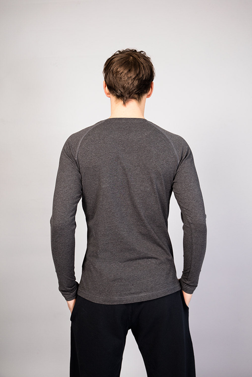 Breath of Fire Bencha Men's Long-Sleeve T-shirt — Grey — back view, long body lightweight organic cotton
