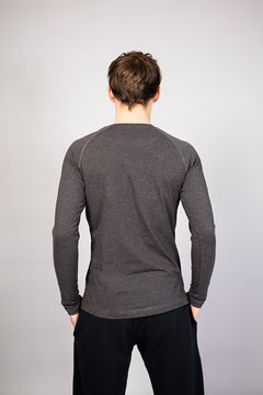 Breath of Fire Bencha Men's Long-Sleeve T-shirt — Grey — back view, long body lightweight organic cotton