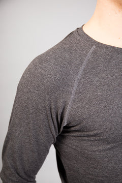 Breath of Fire Bencha Men's Long-Sleeve T-shirt — Grey — worn during yoga practice, masculine silhouette