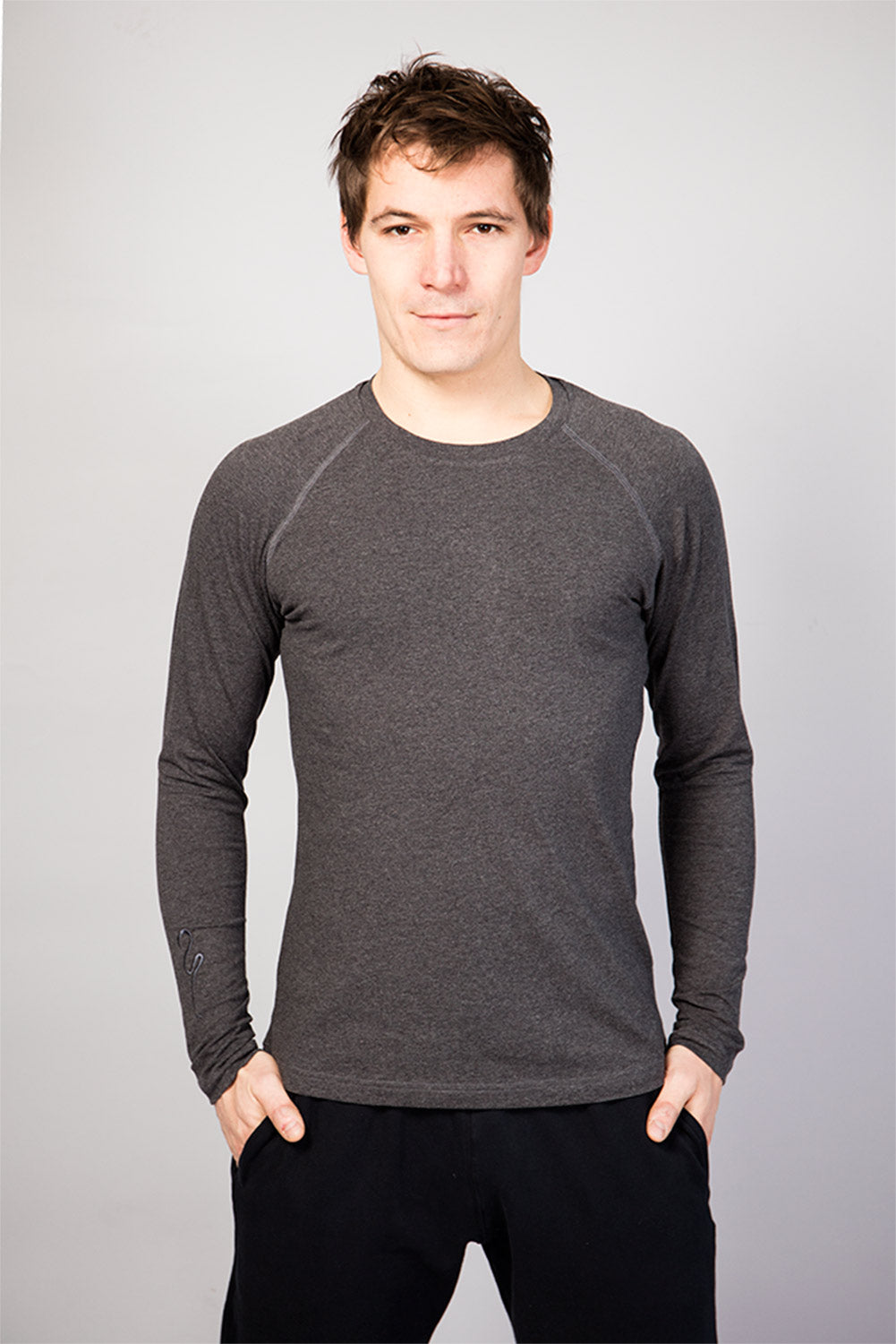 Breath of Fire Bencha Men's Long-Sleeve T-shirt — Grey — front view, 100% organic cotton lightweight yoga top with close fit