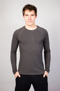 Breath of Fire Bencha Men's Long-Sleeve T-shirt — Grey — front view, 100% organic cotton lightweight yoga top with close fit