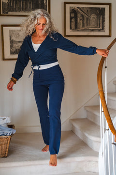 Breath of Fire Talya wrap shirt — Navy — lifestyle photo, styling shot, made in Portugal
