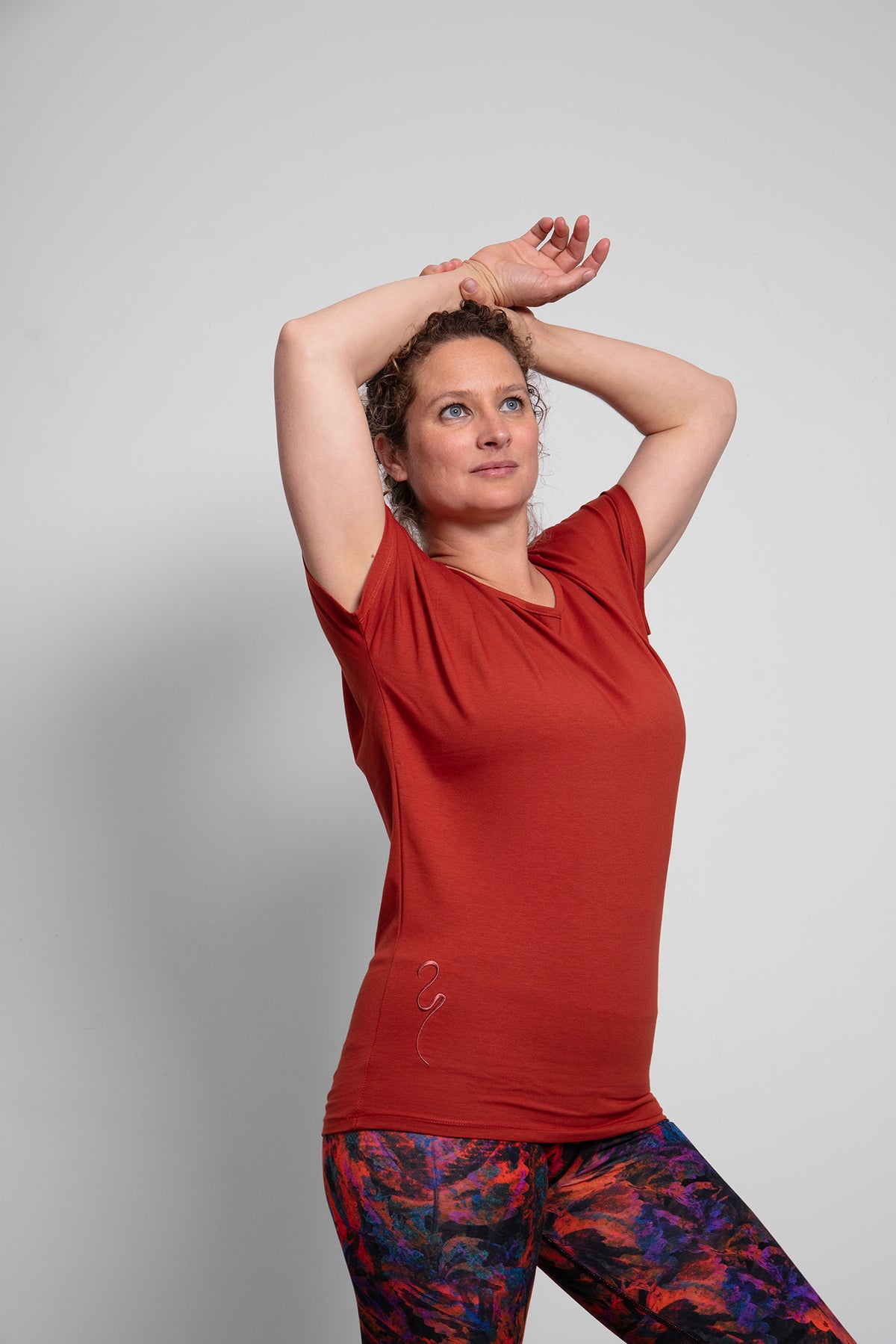 Breath of Fire Cephei T-shirt — Sienna — styling shot warm earthy tone ethical yoga clothing