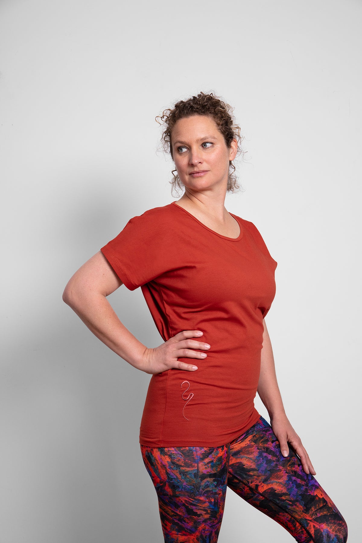 Breath of Fire Cephei T-shirt — Sienna — front view batwing mercerized organic cotton yoga T-shirt women