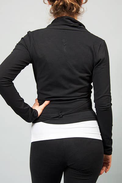 yoga wrap shirt black back - breath of fire sustainable yoga fashion