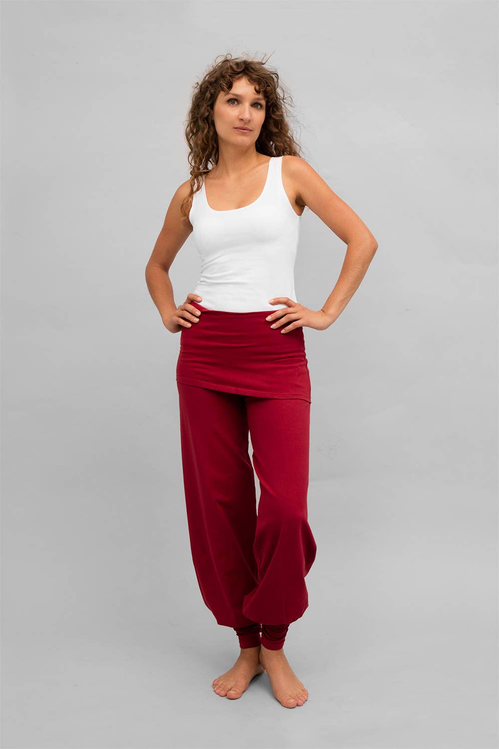 sohang wide yoga pants with skirt by breath of fire color bordeuax front view