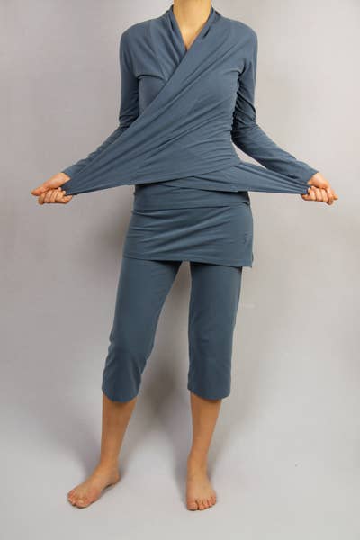 Amba yoga wrap shirt indigo in organic cotton breath of fire yoga fashion brand